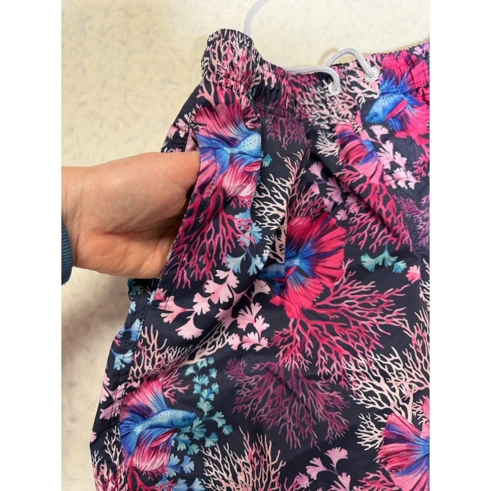 Psycho Tuna Mens Betta Fish Coral Print Swim Trunks Navy Pink Blue Size Small